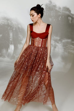 Sequined tulle and satin midi dress ...